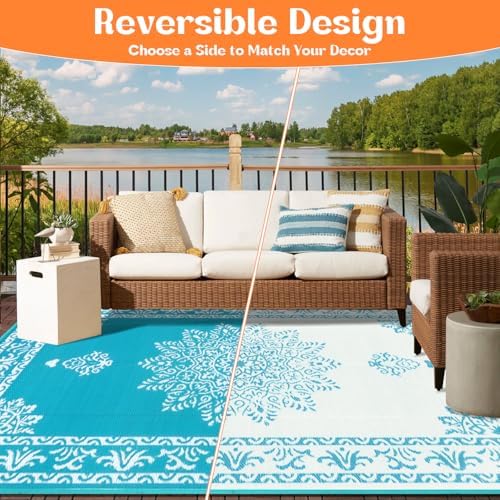 Yamaziot 8x10Ft Outdoor Rug Waterproof Plastic Straw Outdoor Patio Rug,Teal - Image 2