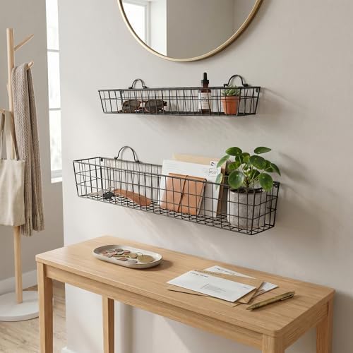 MyGift 2pcs 30-Inch Wire Baskets for Storage and Organization, Rustic Black Wall Mounted Metal Display Racks - Image 5