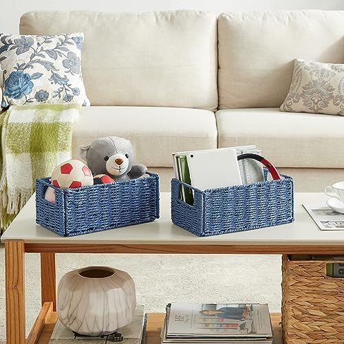 Vagusicc Wicker Baskets for Storage, Set of 4 Hand-Woven Wicker Storage Baskets for Shelves, Cube Storage Baskets Bins with Handles, Wicker Basket for Organizing Pantry Bedroom, Blue - Image 7