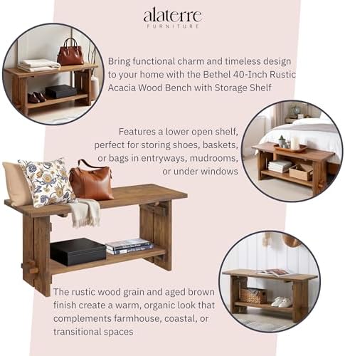 Alaterre Bethel Rustic Solid Wood Entryway Bench with Shelf, Natural - Image 4
