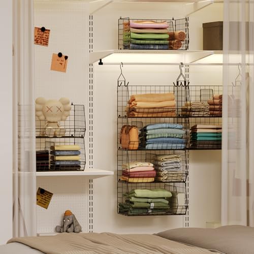 Jautokerdar 4 Tier Hanging Closet Organizer with Dividers,Extra Large Storage Hanging Shelf with 5 S Hooks 4 Dividers,Hang on Wire Closet Shelving Clothes Organizer-Black - Image 2