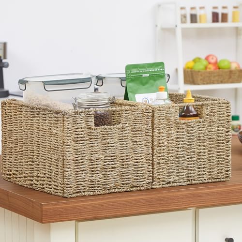 Vagusicc Wicker Storage Basket, Set of 2 Hand-Woven Storage Baskets for Organizing, Small Wicker Basket for Toilet Paper, Foldable Large Cube Storage Organizer Basket Bins for Shelves (Sea Grass) - Image 3