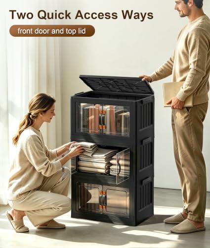 Hanyi 105 QT 3-Tier Stackable Storage Bins with Lids, Black, Clear Doors - Image 5