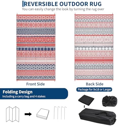 Outdoor Plastic Straw Rug 10x14 Large Patio Rug Vintage Boho Floor Mat Waterproof Rugs for Patio Reversible Outdoor Rugs for RV Beach Porch Camping Backyard Deck Picnic, Red Navy - Image 2