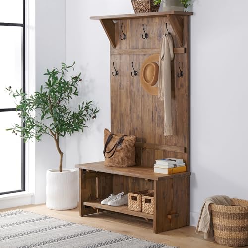 Alaterre Bethel Rustic Solid Wood Entryway Hall Tree with Bench, Natural - Image 6