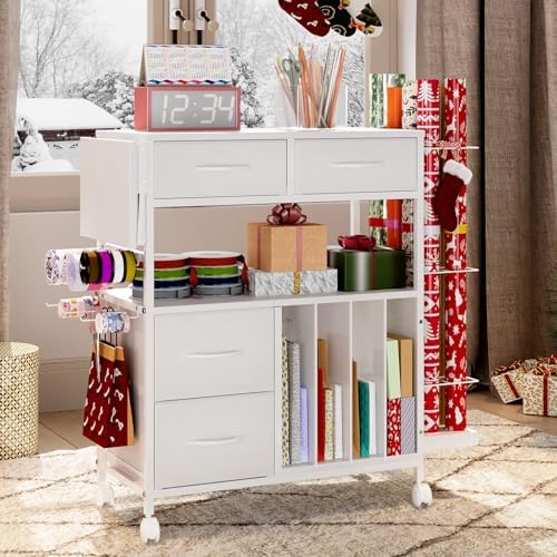 Wrapping Paper Storage Cart with Foldable Table, 3 Tier Gift Wrap Organizer - Image 6