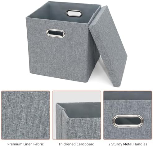 Storage Bins with Lids, Linen Fabric Boxes Organizer Containers with Lid Foldable Storage Box Basket for Closet, Shelves, Home, Office, 12 x 12 x 12 Inch, 4 Pack, Dark Gray, AG3006-7 - Image 4
