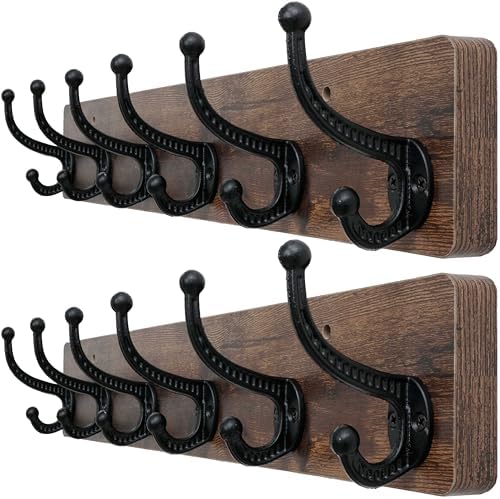 WEBI Rustic Coat Rack Wall Mount,24" Long 6 Cast Iron Coat Hooks Wall Mounted,Heavy Duty Wood Wall Coat Hanger Hooks for Hanging Coats,Jacket,Clothes,Backpack,Farmhouse,Rustic Brown,2 Packs by WEBI