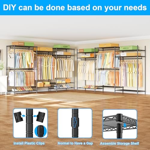 Ulif E13 Max Heavy Duty Clothes Rack（With 4 Hanger Rods & 8 Shelves） Freestanding Clothing Racks for Hanging Clothes，Adjustable Closet，Metal Garment Rack 86" W x16 D x77 H，Max Load 1100LBS，Black - Image 4