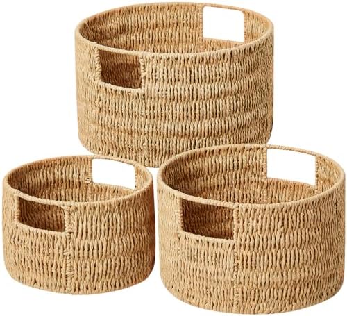 Vagusicc Wicker Storage Basket, Hand-Woven Paper Rope Large Round Woven Basket With Handles, Wicker Baskets for Organizing/Storage, Natural, 3-Pack by Vagusicc