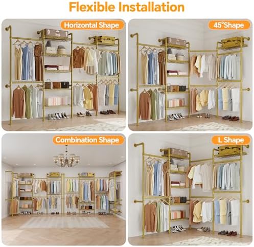 Higeego W4 Wall Mounted Clothes Rack, Industrial Pipe Clothing Rack, Gold - Image 6