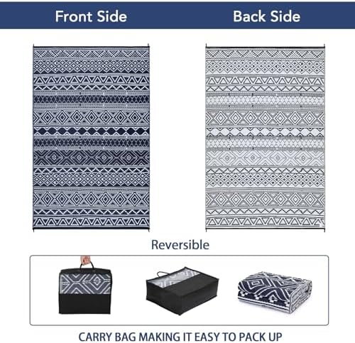 Outdoor Plastic Straw Rug 9x18 Large Floor Mat Boho Waterproof Rug for Patio Reversible Rug for Outdoors RV Beach Patio Camping Backyard Deck Picnic Camping Outside Navy White - Image 6