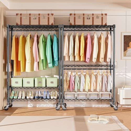 M MZG Heavy Duty Rolling Garment Rack 3 Tiers Adjustable Wire Shelving Clothes Rack with Rods and Side Hooks,Storage Closet Clothing Rack with Wheels Black 17.7" D x 47.2" W x 83.6" H - Image 5