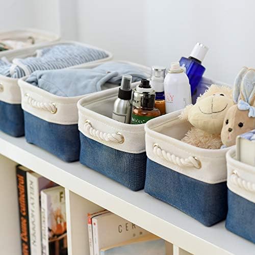 Storage Basket for Organizing - 12x8x5.2 inch Small 6 Pack Fabric Storage Bin Collapsible Baskets for Shelves with Rope, Storage Box for Cloth Decorative Laundry Canvas(White & Blue) - Image 4
