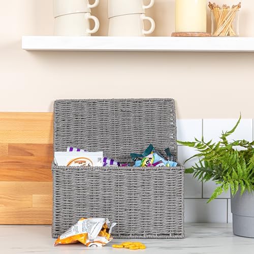 Household Essentials Small Handwoven Paper Rope Wicker Basket with Lid, Grey - Image 6