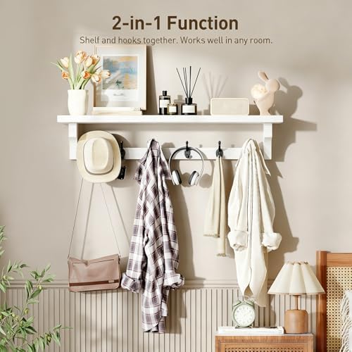 RALGEND 29" Long Coat Rack Wall Mount Shelf, Entryway Wall Shelf with 6 Metal Hooks, Coat Hangers for Living Room, Modern Wooden Floating Shelves for Bathroom, Bedroom, Kitchen, White 7401BJR1WT - Image 5