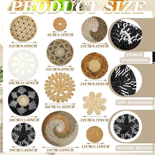 Xuhal 15 Pcs Boho Wall Basket Decor Handcrafted Seagrass Woven Wall Basket Rustic Round Woven Hanging Art for Home Farmhouse Kitchen Table Living Room(Stylish Style) - Image 3