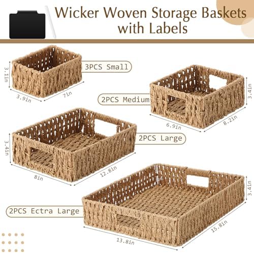 Marsui 9 Pcs Paper Rope Storage Baskets with Handle Labels Handwoven Multi-size Primary Color Storage Bins for Organizing Small Baskets Container for Shelves Closet Pantry Toilet - Image 2