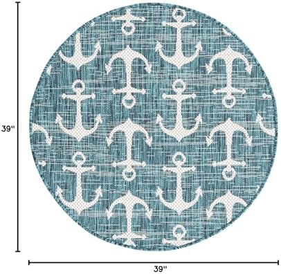 Unique Loom Outdoor Coastal Collection Area Rug - Ahoy (3' 3" Round, Teal/Ivory) - Image 2