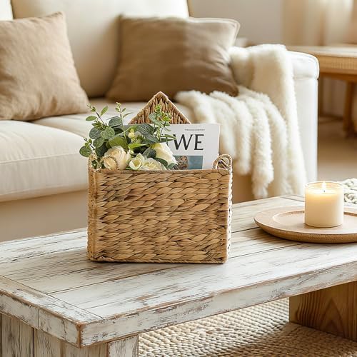 Wicker Magazine Holder Wall Basket Hanging Wall Mount Mail Rack Holder Storage Water Hyacinth House Shaped Woven Hanging Basket for Books & Files with Handle Home Office, 13.8 x 11 Inch - Image 4