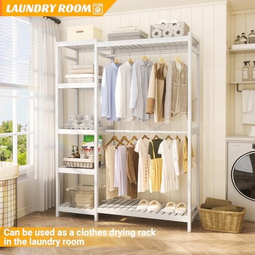 Homykic Bamboo Clothing Rack with 7 Adjustable Shelves, 2 Hang Rods, White - Image 7
