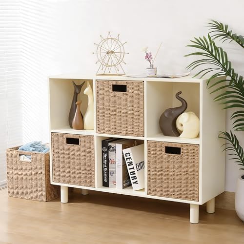 13" x 13" x 13" Wicker Storage Basket,Woven Paper Rope Wicker Baskets,Set of 4 Collapsible Square Organizers,Foldable Cube Storage Bins - Image 6