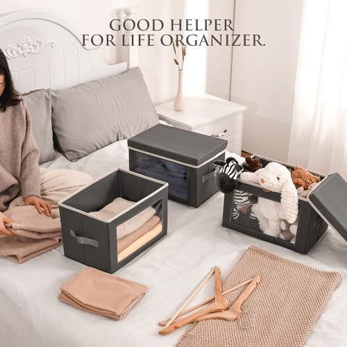 Homsorout Storage Bins with Lids - Fabric Storage Boxe with Window, Collapsible Closet Organizers with Handles, 9 Pack Decorative Bin, Home Cubes Baskets for Clothes, Hat, Books, Dark Grey - Image 3