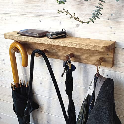 Solid Oak Wall Mounted Coat Rack – Wooden Wall Mounted Coat shelf with 4 Pegs for Entryway, Bathroom, Bedroom or Kids Room – Rustic Wall Hanging Entryway Organizer for Coats and Towels - Made in EU by MINICAMP