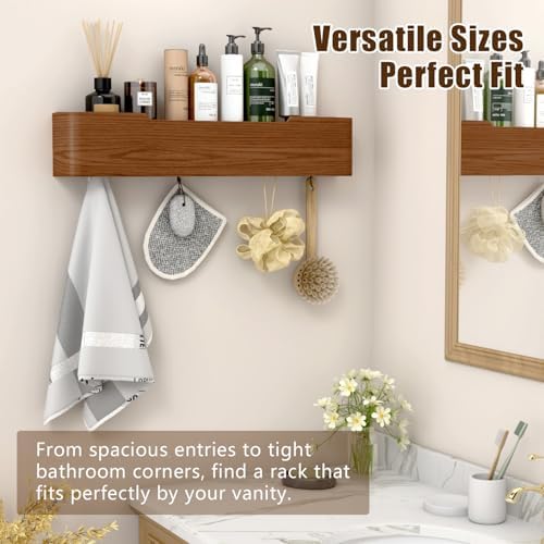 Coat Rack Wall Mount with Hidden Hooks, Wall Hooks with Shelf, Wall Key Holder Mount Wooden Shelf Entryway Hooks for Bedroom Bathroom for Hanging Coats Hats Bags Towels (Walnut, 5 Hooks) - Image 4