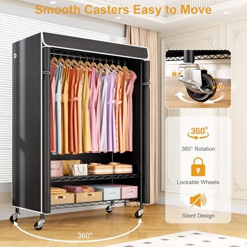 ULIFHOME P6C Plus Rolling Clothes Rack with Cover, Covered Clothing Rack - Image 4