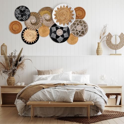 11 Pcs Boho Hanging Wall Basket Decor Handmade Woven Basket Wall Decorative Boho Wicker Baskets Placemats Round Farmhouse Bulrush Art for Rustic Home Decorations Christmas Gift(Stylish) - Image 5