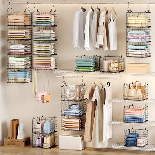 Sonyabecca 5-Tier Hanging Closet Organizer – Black Closet Storage Shelves with Wire Baskets for Clothes, Handbags, Sweaters & Accessories, Includes 2 Hanging Hooks & 5 S-Hooks - Image 2
