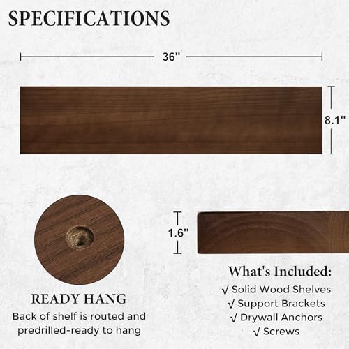 Axeman Floating Shelves, 8 Inch Deep Modern Solid Wood Wall Shelves for Storage, Wall Mounted Display Shelving with Invisible Heavy-Duty Metal Bracket, 36" W x 8" D x 1.57" H, Walnut Finish - Image 3
