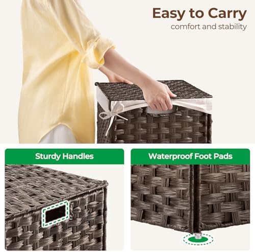 GREENSTELL Storage Basket with Lid, 17.2 Gallon(65L) Small Wicker Blanket Storage Basket with Handles, Foldable, 2 Removable Liner Bags, Metal Frame, for Bedroom, Laundry Room, Brown,22.2"*13.4"*13.4" - Image 4