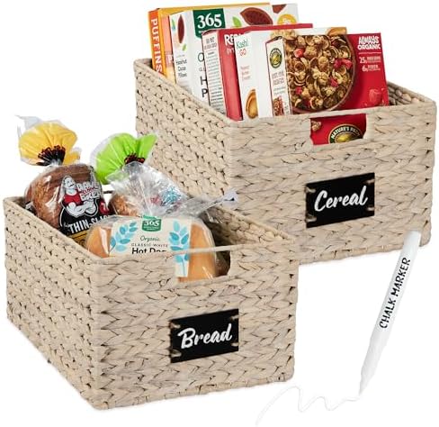 Best Choice Products Pantry Baskets Set of 2 16x12in Water Hyacinth Storage Baskets, Woven Wicker Kitchen Organizers with handles w/Chalkboard Label Chalk Marker - White by BestChoiceProducts