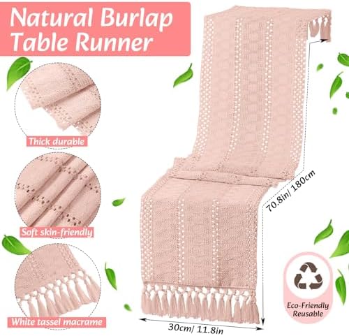 6 Sets Boho Placemat Table Runner Napkin Rings, Pink, 12x72 - Image 3