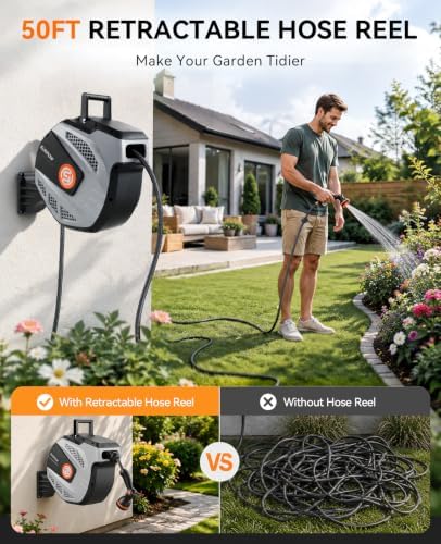SUNPOW Retractable Garden Hose Reel - 1/2 inch x 50ft Heavy Duty Wall Mounted Hose Reel with 3/4 inch Brass Fitting & 10 Sprayer Nozzle - Any Length Lock, Auto Rewind System, 180°Swivel Bracket- Grey - Image 2
