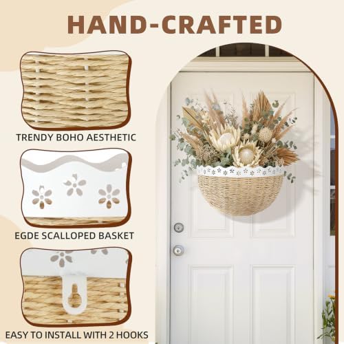XSZ Scalloped Wall Baskets - 2 Pcs Woven Boho Wall Decor, Front Door Baskets Hanging Storage for Entryway, Living Room & Kitchen, Sturdy Steel Frame Wall Organizer for Home (16" & 14") - Image 5