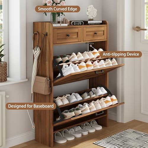 Shoe Cabinet with 2 Flip Drawers & 2 Top Drawers, 43" Tall Freestanding Narrow Wooden Shoe Storage Organizer for Entryway, Hidden Slim Shoe Rack for Front Door Entrance, Hallway, Living Room, Walnut - Image 5