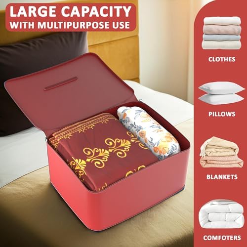 Kuber Industries Pack of 6 Storage Bag | Clothes Storage Bag | Rexine Underbed Storage Bag | Wardrobe Organizer for Blanket-Comforters | Foldable Attachi Bag with Handle | Large | Red - Image 5