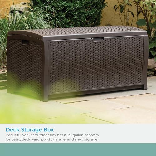 Suncast 99 Gal Wicker Resin Deck Box, Storage Chest Bin with Handles, Java - Image 4