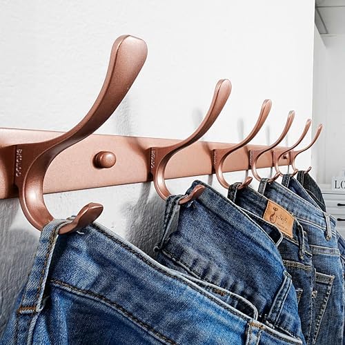 SKOLOO Coat Rack Wall Mounted - 6 Hooks, Pack of 2, Heavy Duty, Stainless Steel, Metal Wall Hanger, Sturdy Coat Hooks for Hanging Coats, Jacket, Clothes, Hat, Matte Rose Gold - Image 2