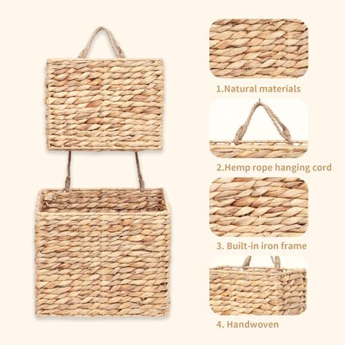 YAHUAN Woven Water Hyacinth Hanging Basket 2-Tiered Rectangular Storage Baskets Over the Door Organizer Hanging Organizer Hanging Wall Basket for Home,Kitchen,Garden, Office (Rectangular) - Image 3