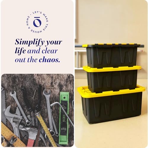 HOMZ 4-Pack Durabilt Tote, Heavy Duty Plastic Storage Bins with Lids, 27 Gallon, Black/Yellow - Stackable Organizing Containers for Home, Garage, and Office - Image 6
