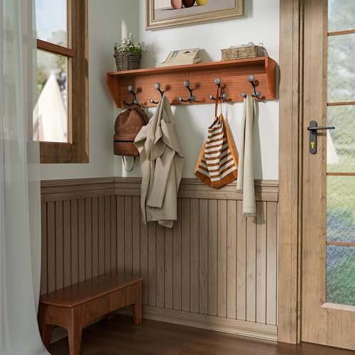 SKOLOO Wall Shelf with Hooks, 35-Inch Cherry Coat Rack Wall Mount with Shelf Organizer - Lightweight & Sturdy​​, 5 Tri Hooks - Perfect for Entryway, Hallway, Living Room, Bedroom, Mudroom - Image 4