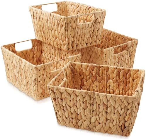 Casafield Set of 4 Water Hyacinth Storage Baskets with Handles - Natural, Woven Storage Bins for Shelves, Blankets, Laundry Organization - Image 7
