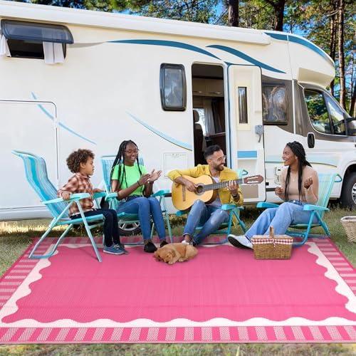 Garvee Scalloped RV Outdoor Rugs 9x18 Patio Rugs Outdoor Waterproof, Pink - Image 3