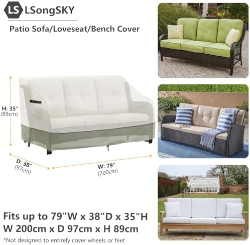 Patio 3-Seater Sofa Cover,Outdoor Couch Cover Fits up to 79W x 38D x 35H Inches,100% Waterproof Heavy Duty Patio Furniture Covers,Beige & Gray-Green - Image 3