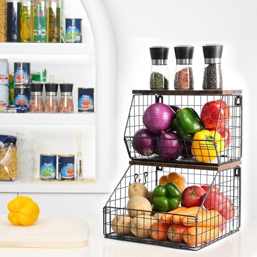 Mefirt Fruit Basket, Stackable Wall Mounted Fruit Baskets, Potato Baskets Onion Storage for Kitchen, Hanging Wire Basket with Wood Lid, 2-Tier Vegetable Organizer Kitchen Countertop Organization - Image 6