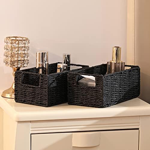 Vagusicc Wicker Storage Baskets, Set of 2 Hand-Woven Foldable Cube Storage Baskets for Shelves with Handles 13 inches + Set of 2 Small Wicker Storage Baskets for Organizing Toilet Shelves,Black - Image 7